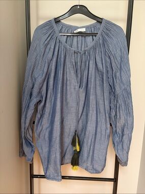 Light Blue chambray Zara Women's Peasant Blouse with Tassel Tie
